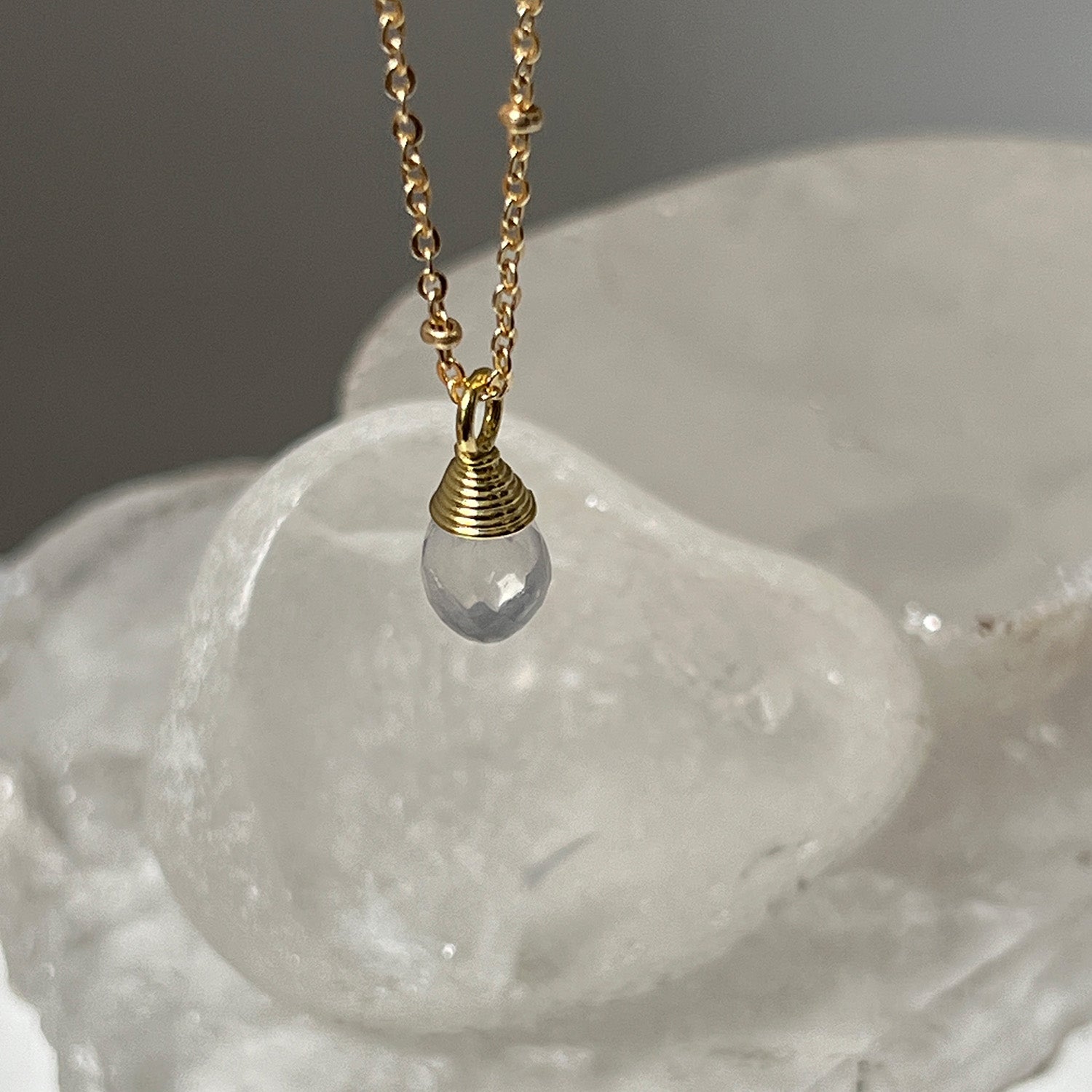 Natural Ice Quartz Crystal Faceted Drop On Short Satellite Chain