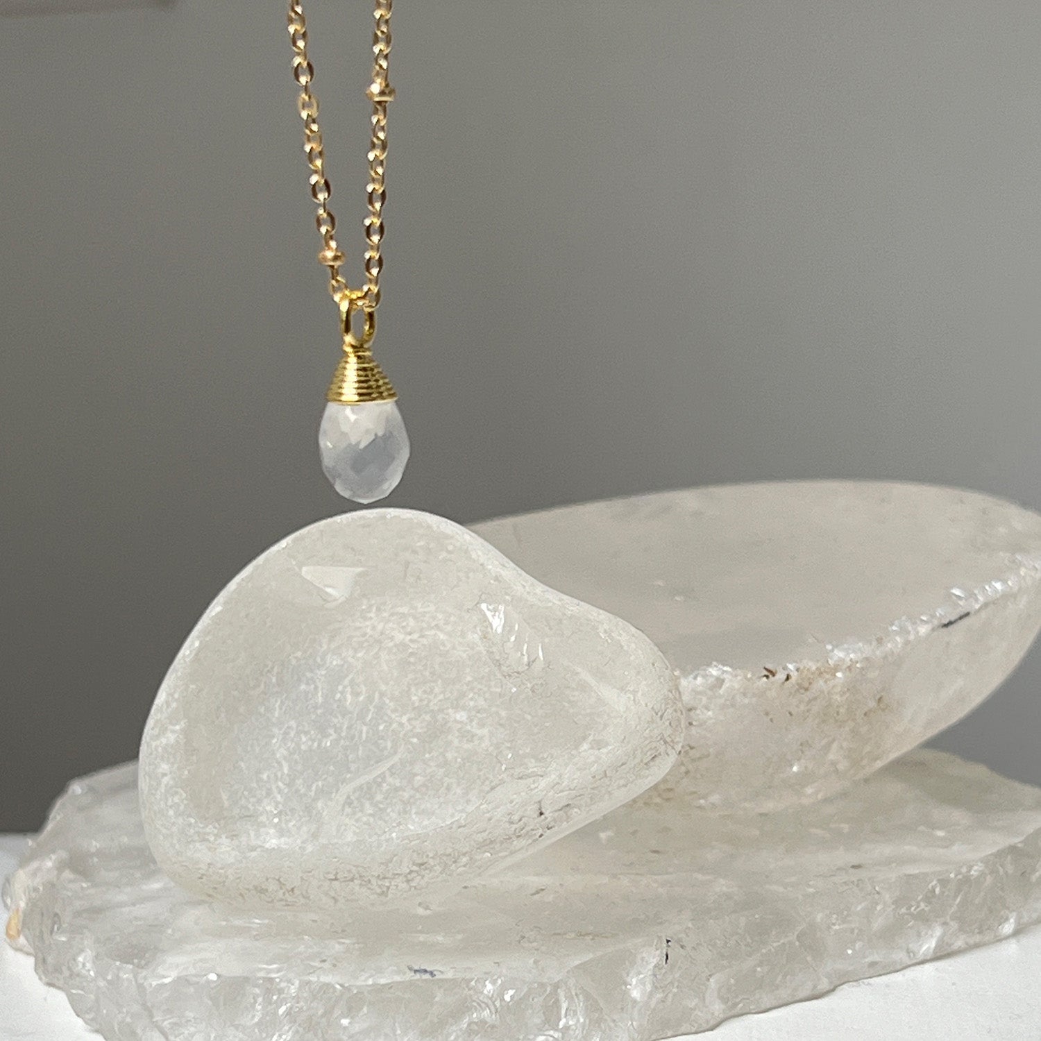 Natural Ice Quartz Crystal Faceted Drop On Short Satellite Chain