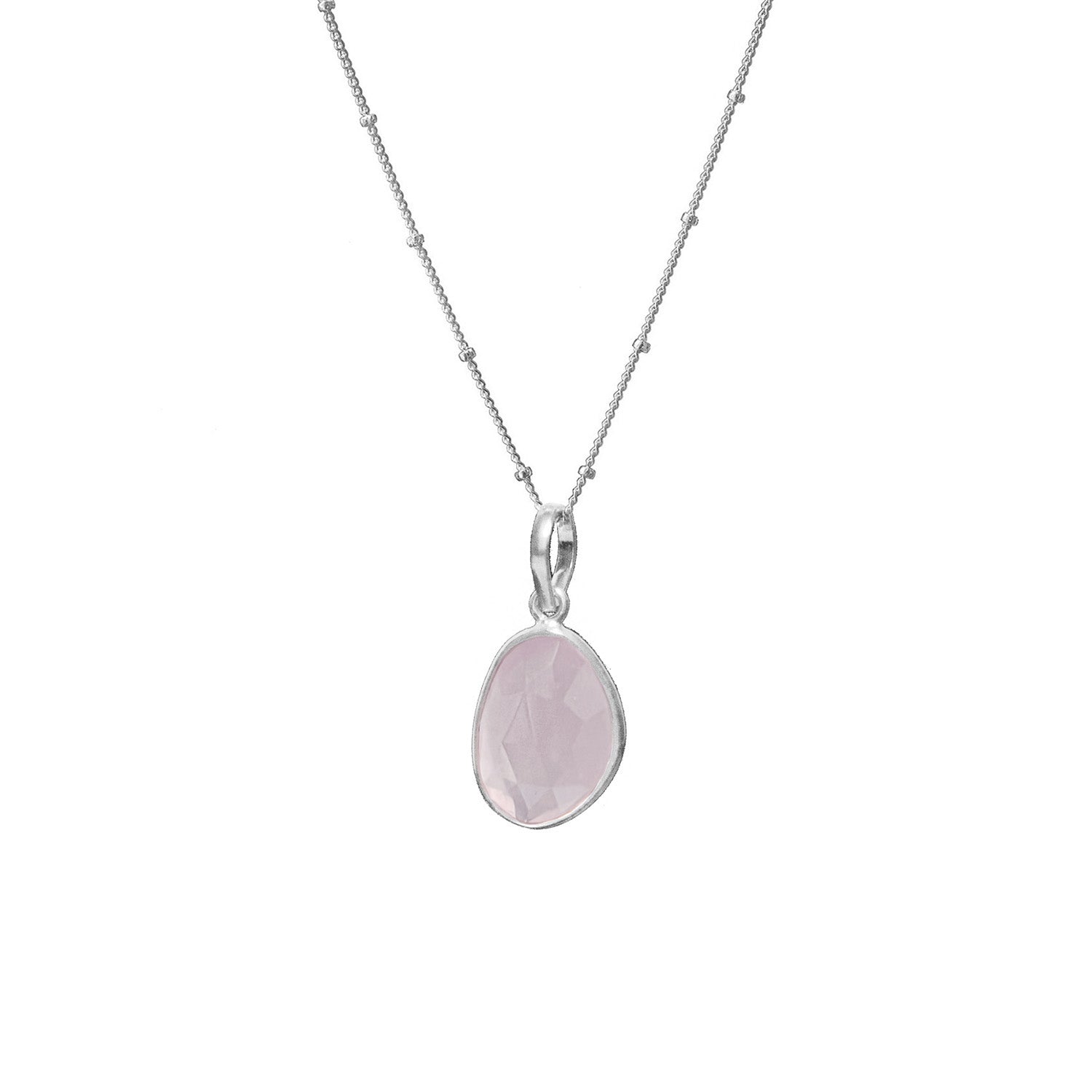 Freeform Rose Quartz Oval Faceted Pendant On Sterling Silver Satellite Chain