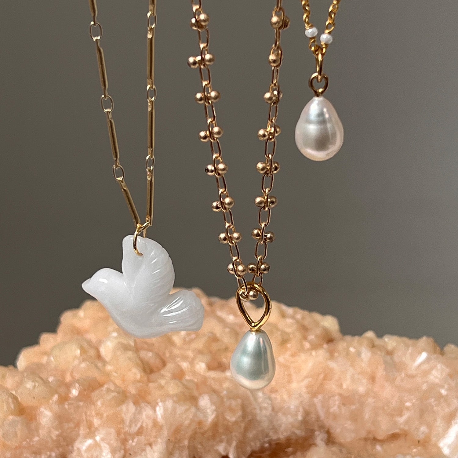 Carved White Agate Dove On Long Tula Chain