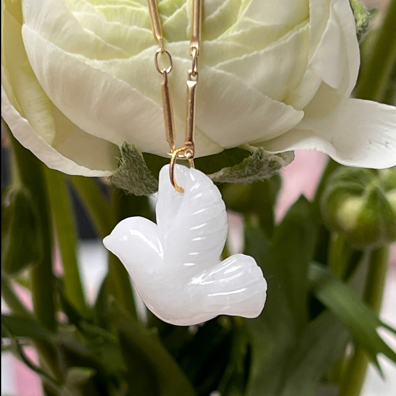 Carved White Agate Dove On Long Tula Chain