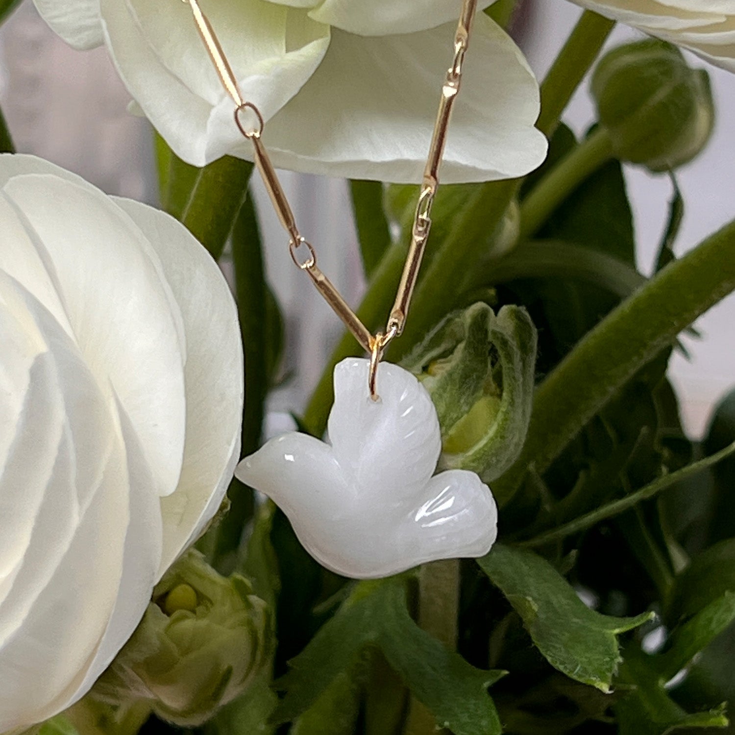 Carved White Agate Dove On Long Tula Chain