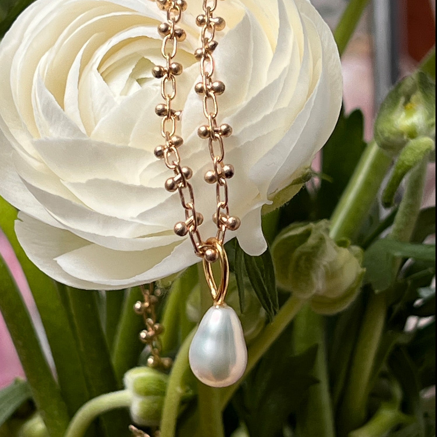 Freshwater pearl pendant necklace on a gold-plated bula chain displayed on a rose