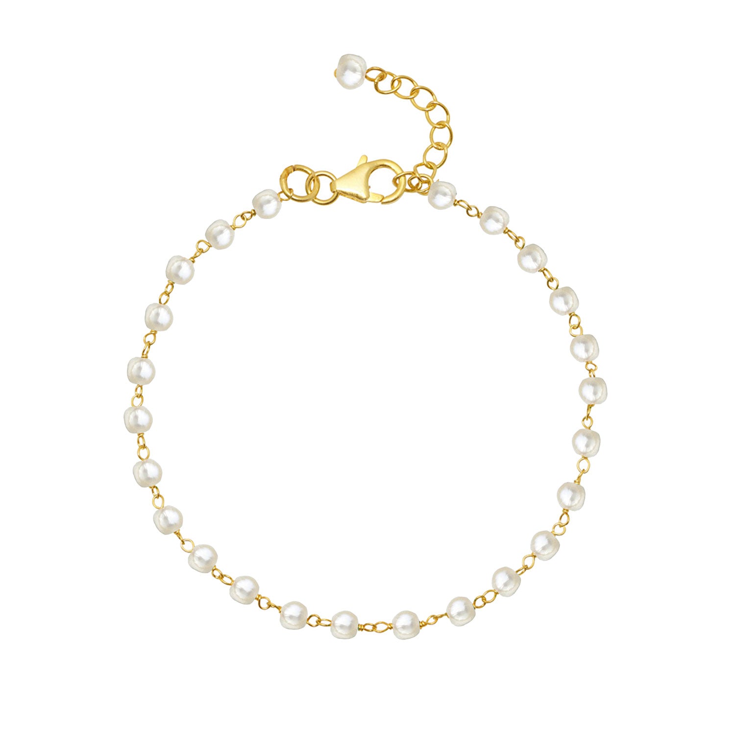 A gold-plated bracelet featuring white freashwater pearls and a gold clasp, part of the Rosary and Natural Pearl collections.