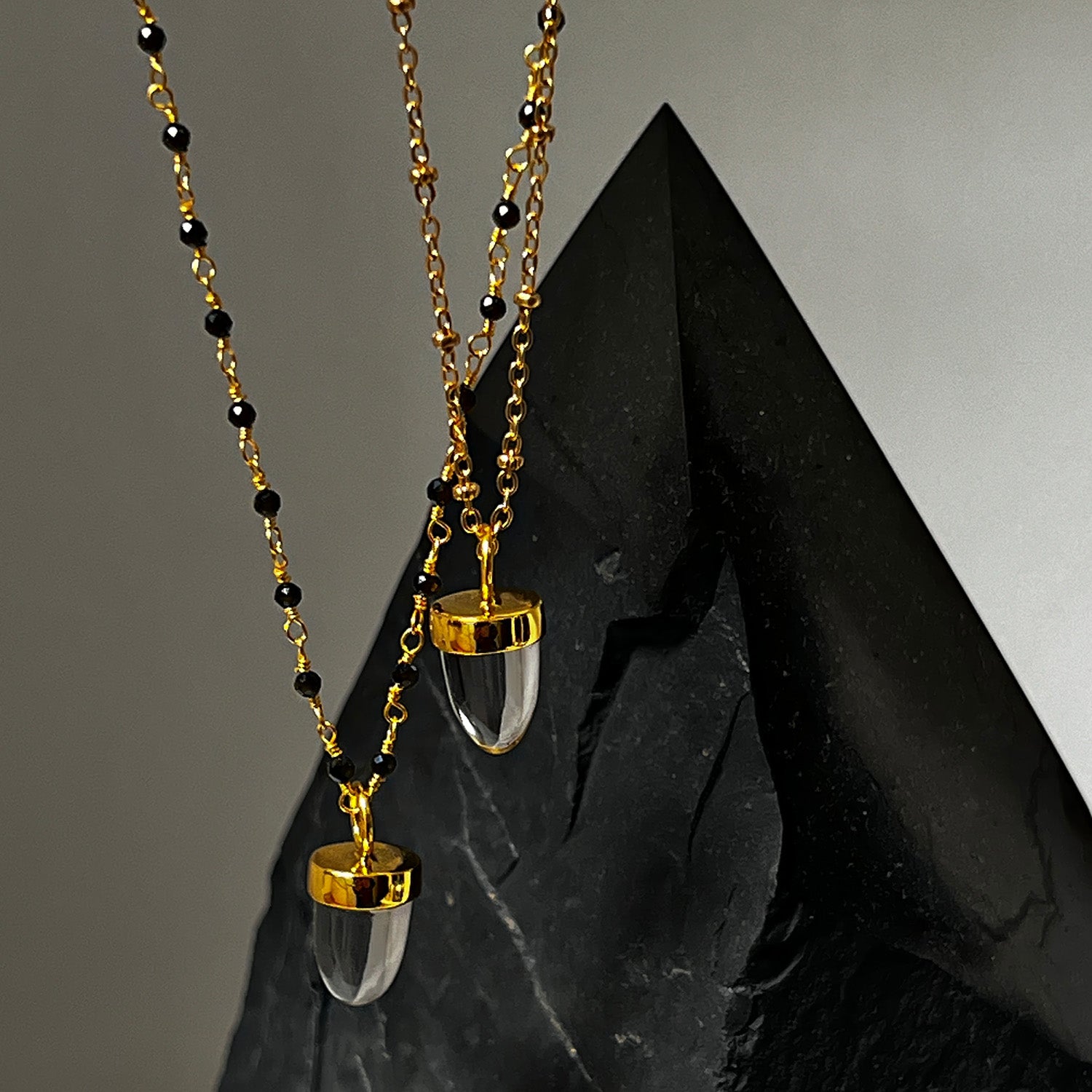 Pendulum Rock Crystal Pendant On Long Black Onyx Rosary