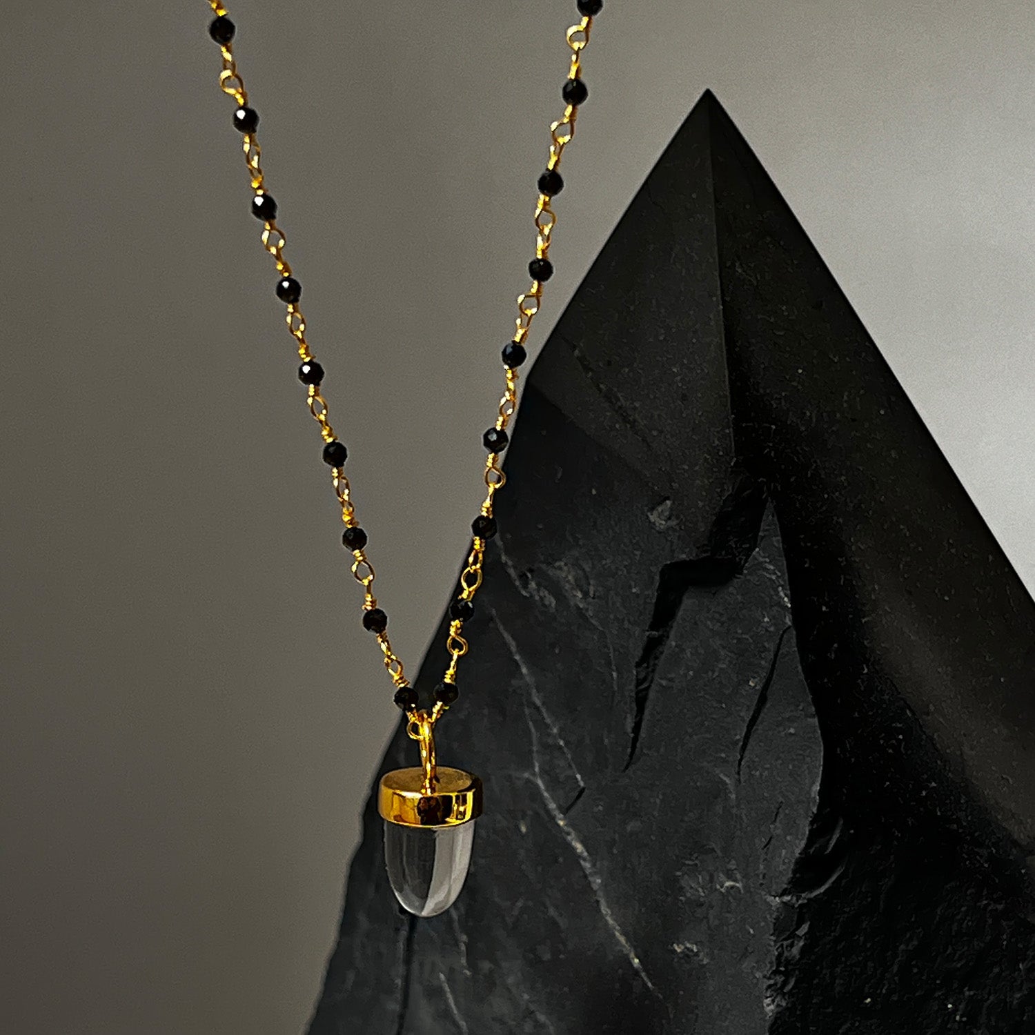 Pendulum Rock Crystal Pendant On Long Black Onyx Rosary