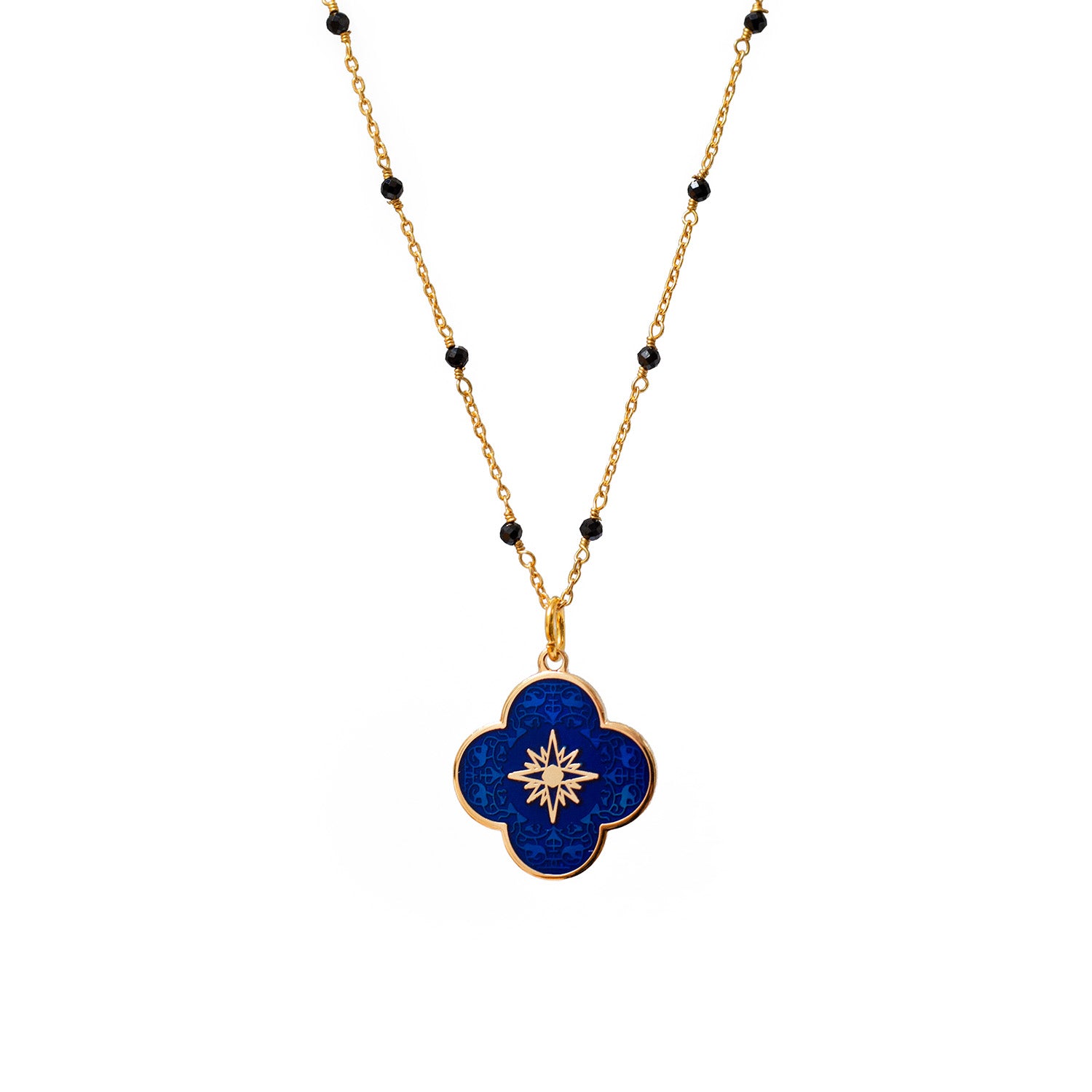 Fancy Black Onyx Rosary with Petal Star Cross Enamel Medal Royal Blue