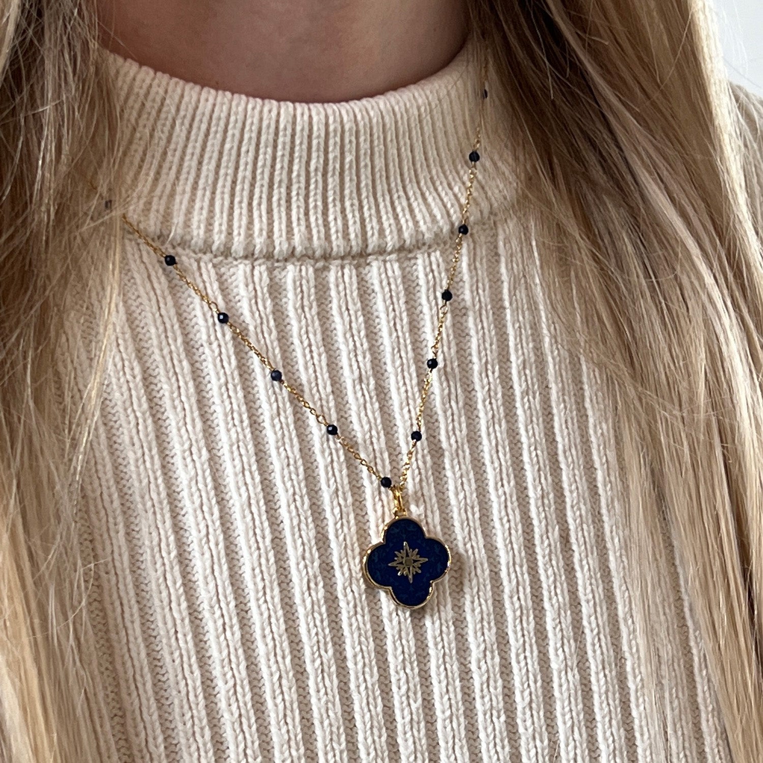 Fancy Black Onyx Rosary with Petal Star Cross Enamel Medal Royal Blue