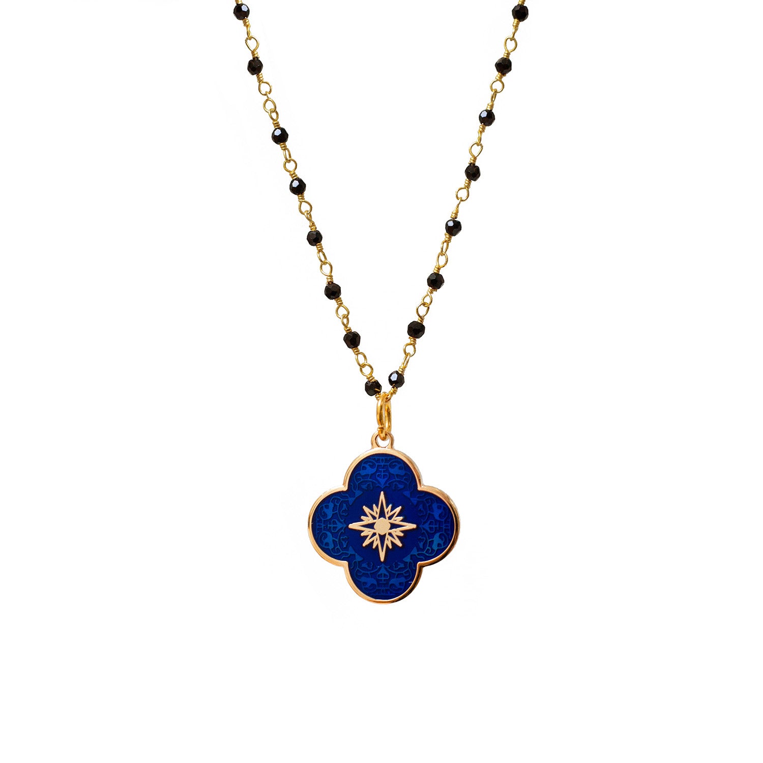 A royal blue enamel medal with a gold-plated brass cross symbol on the front, featuring a star design at the center, attached to a long black onyx rosy chain.