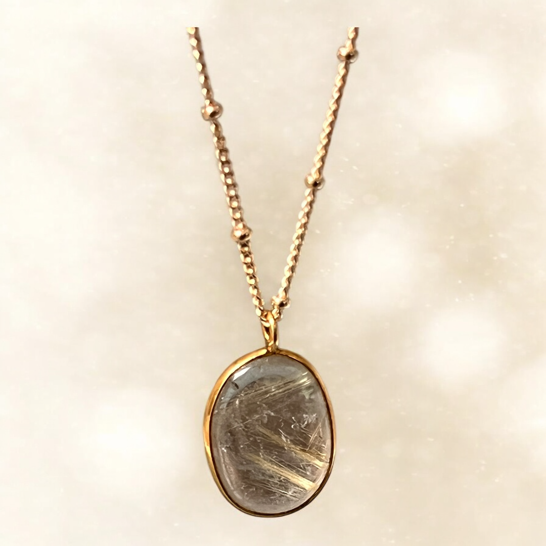 Golden Rutil Quartz Bezel Pendant on Biba Chain