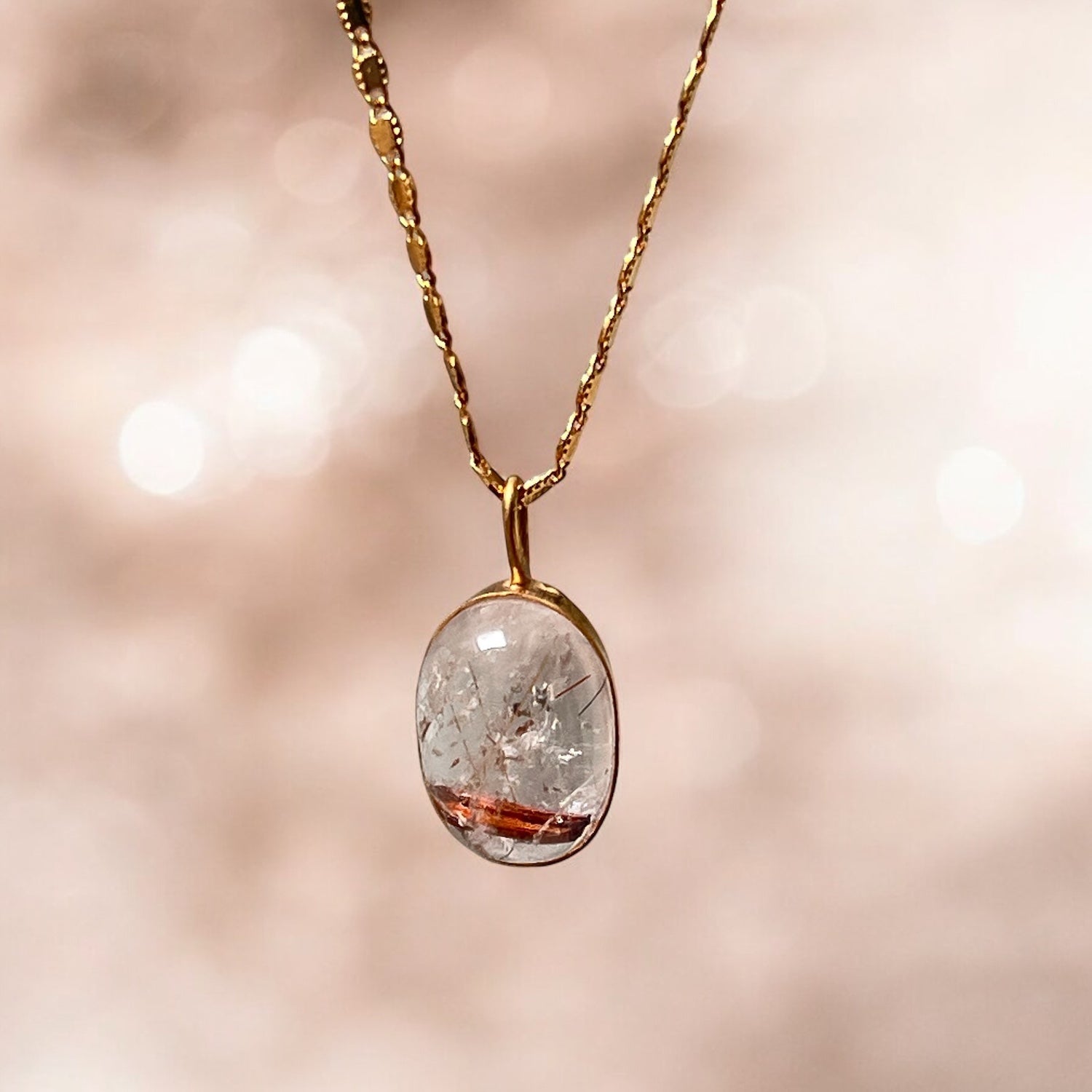 Unique Golden Rutilated quartz Oval on Val chain