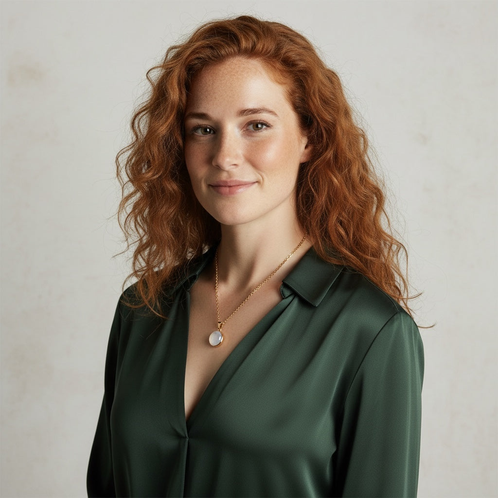 Woman with red hair wearing a rock crystal pendant with a green blouse against a plain background