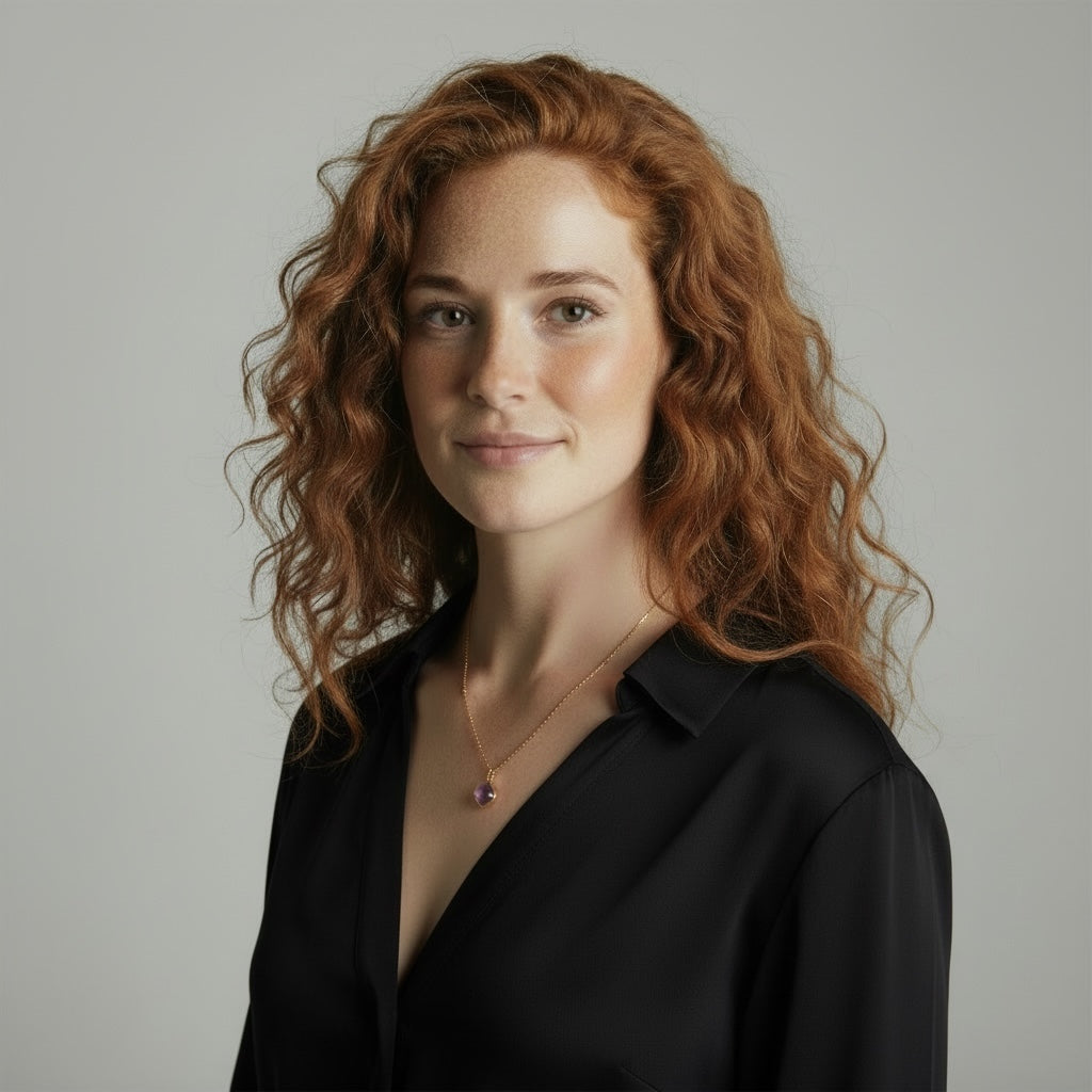 Woman with red hair wearing an amethyst necklace with a black shirt against a plain background