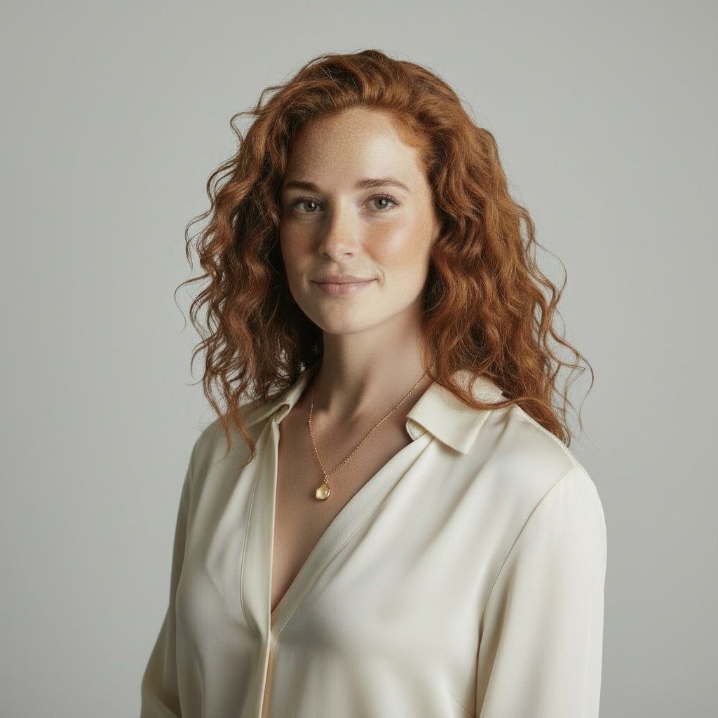 Woman with red hair wearing a citrine freeform pendant with a white blouse against a grey background