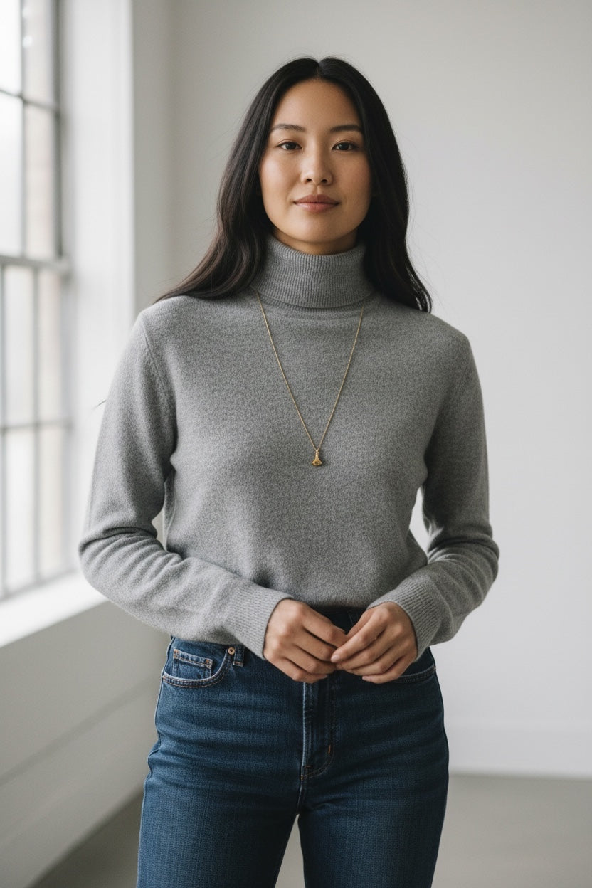Woman wearing a black onyx stamp pendant with a grey turtleneck jumper and blue jeans indoors.