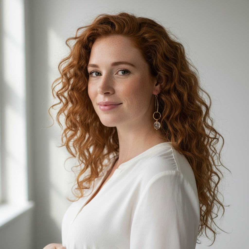 Woman with curly red hair wearing a white top and gold hoop earrings with a freeform rock crystal