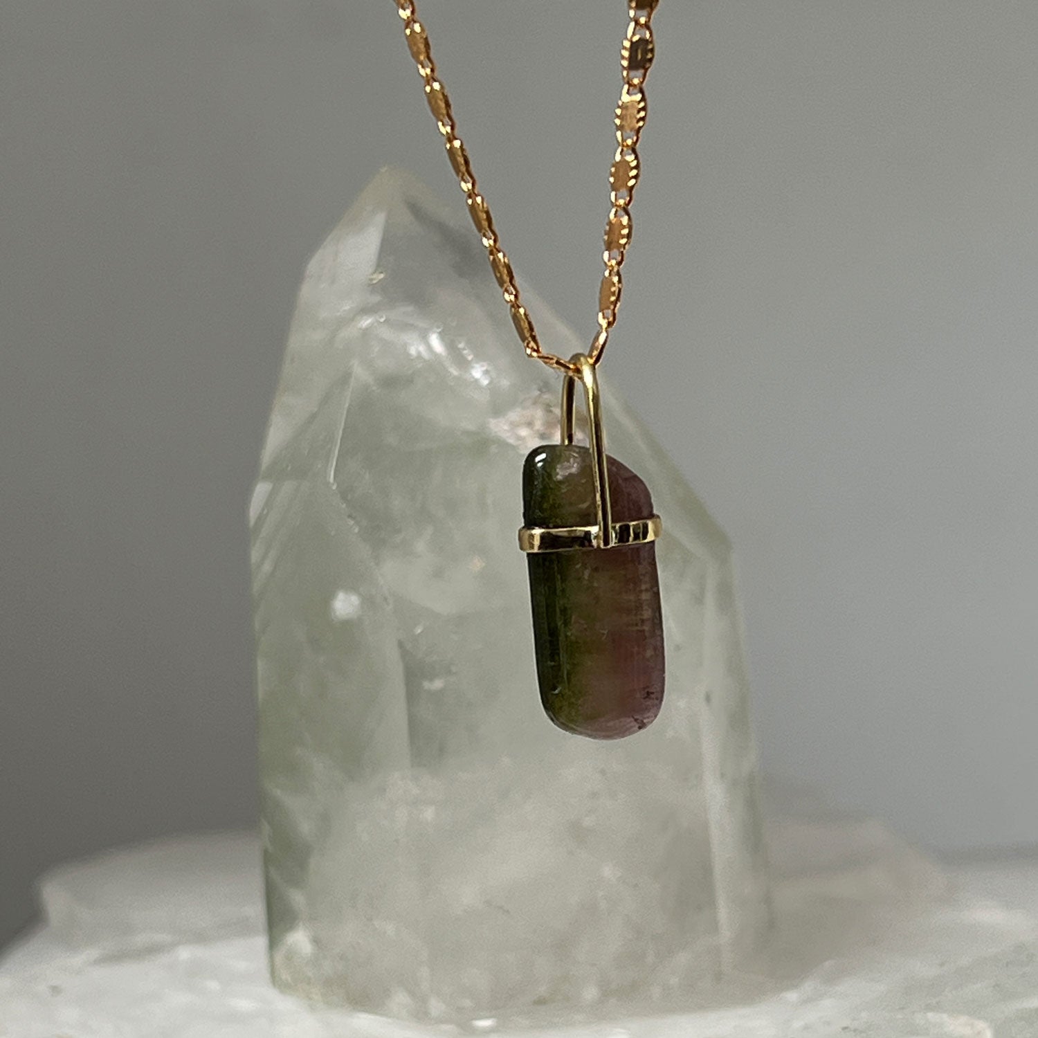 Unique Watermelon Tourmaline Pebble On Long Val Chain