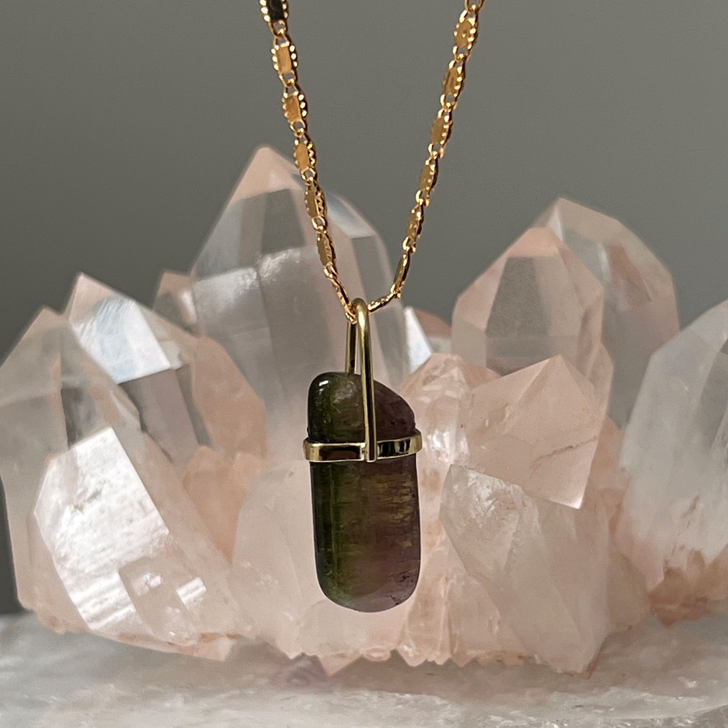 Unique Watermelon Tourmaline Pebble On Long Val Chain