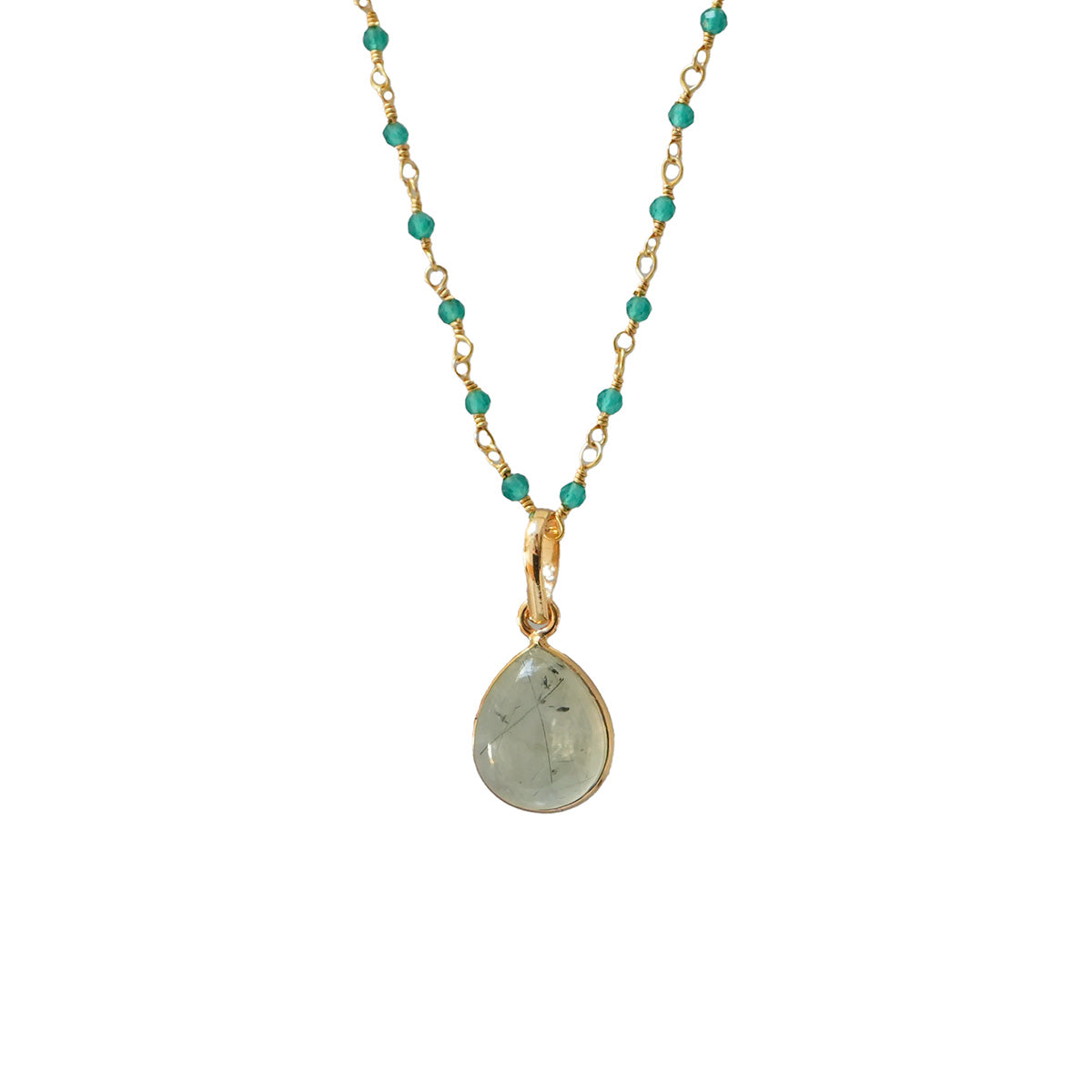 Prehnite Teardrop Pendant On Baby Belcher or Green Onyx Rosary
