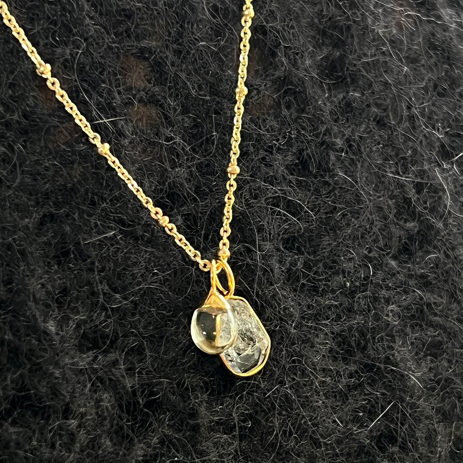 Raindrop Rock Crystal Pendant with Herkimer Diamond Slice on Satellite Chain