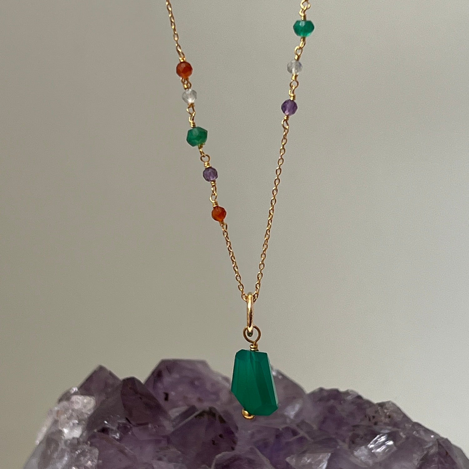 Long Asymmetric Semi Precious Rosary With Unique Baguette Green Onyx Pendant