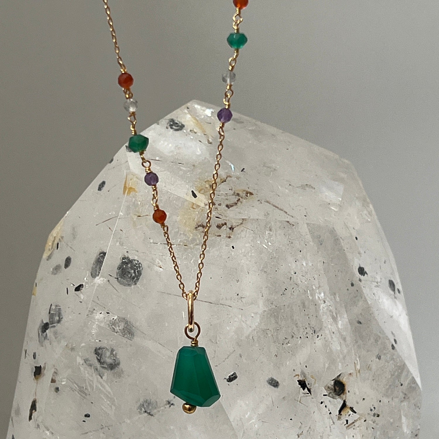 Long Asymmetric Semi Precious Rosary With Unique Baguette Green Onyx Pendant