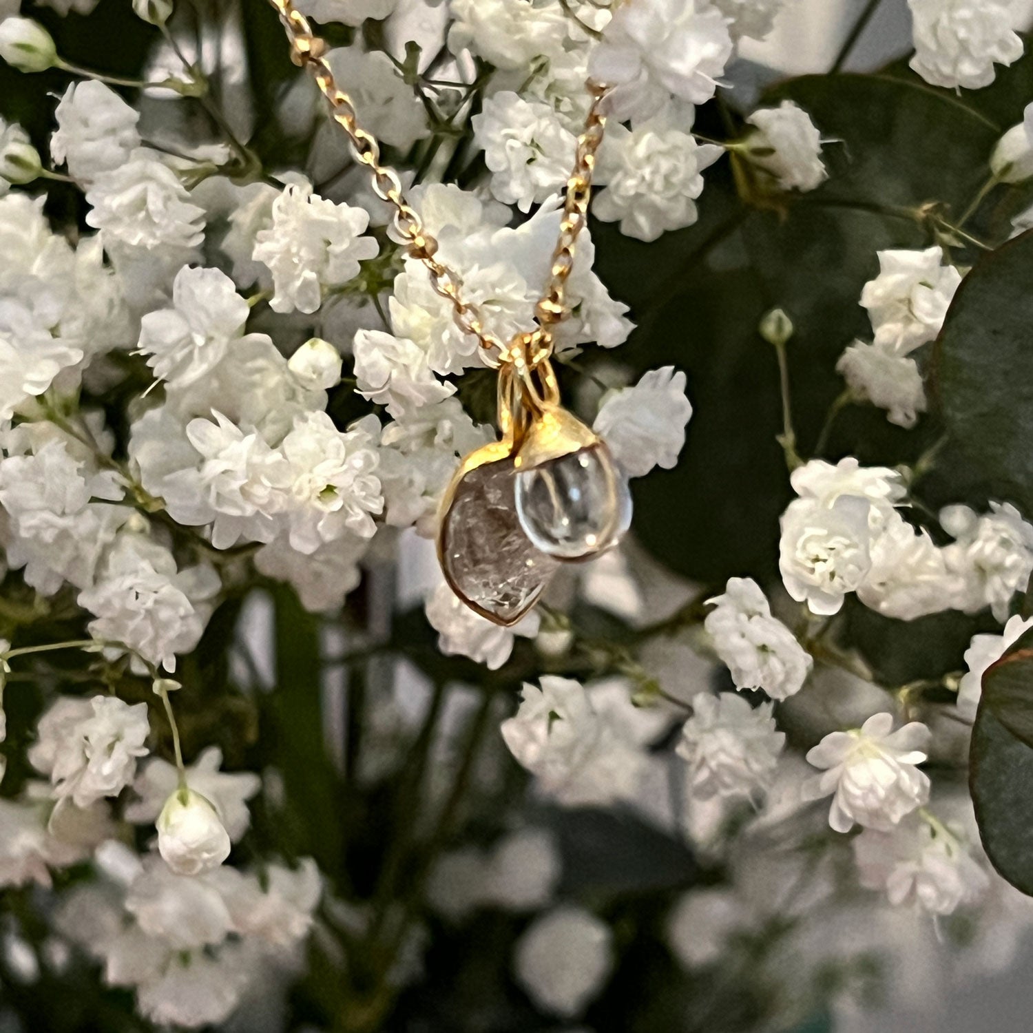 Raindrop Rock Crystal Pendant with Herkimer Diamond Slice on Satellite Chain