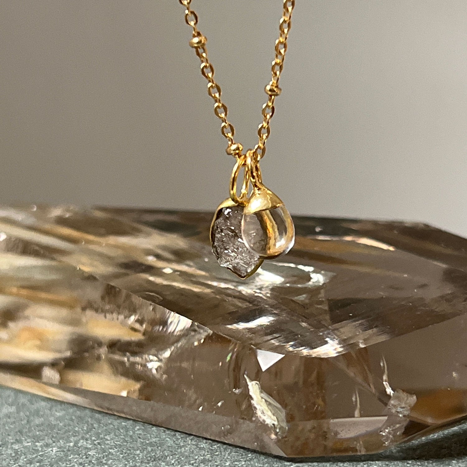 Raindrop Rock Crystal Pendant with Herkimer Diamond Slice on  Satellite Chain