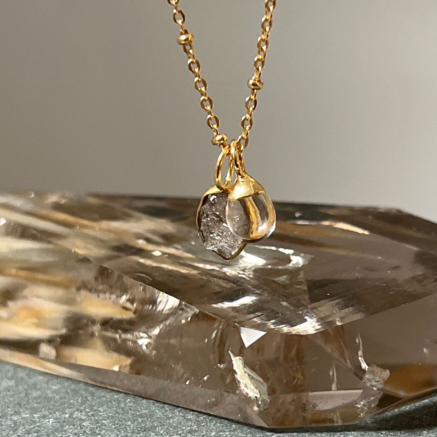 Raindrop Rock Crystal Pendant with Herkimer Diamond Slice on Satellite Chain