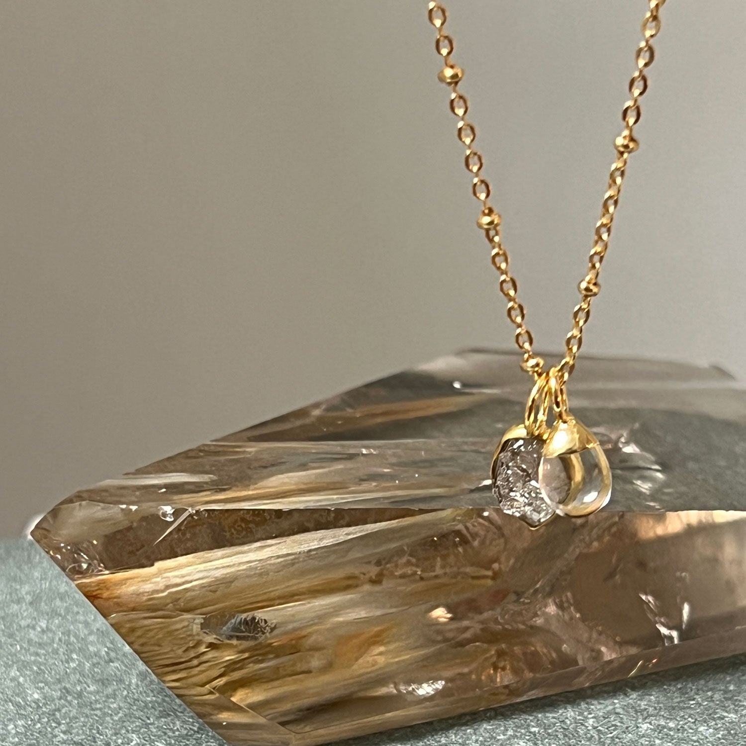 Raindrop Rock Crystal Pendant with Herkimer Diamond Slice on Satellite Chain