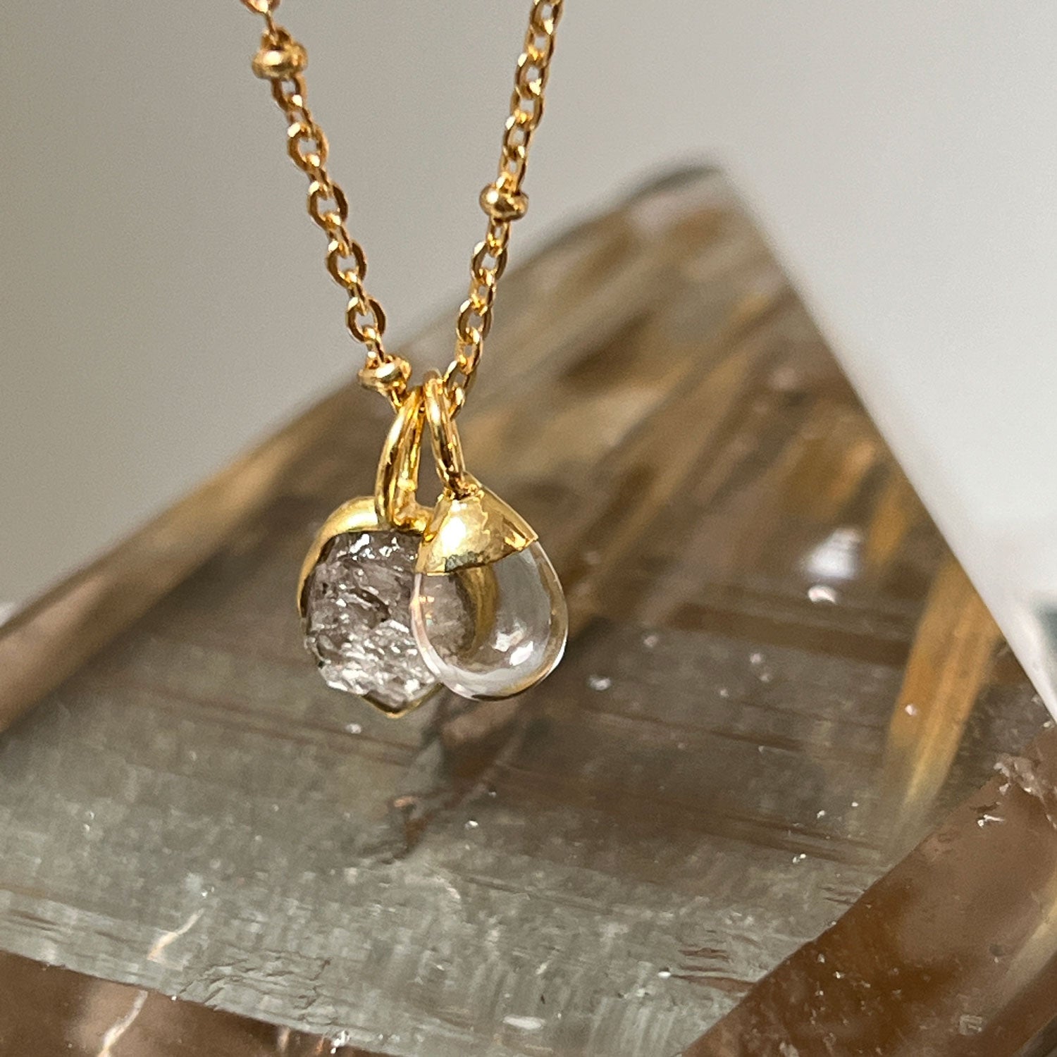 Raindrop Rock Crystal Pendant with Herkimer Diamond Slice on Satellite Chain