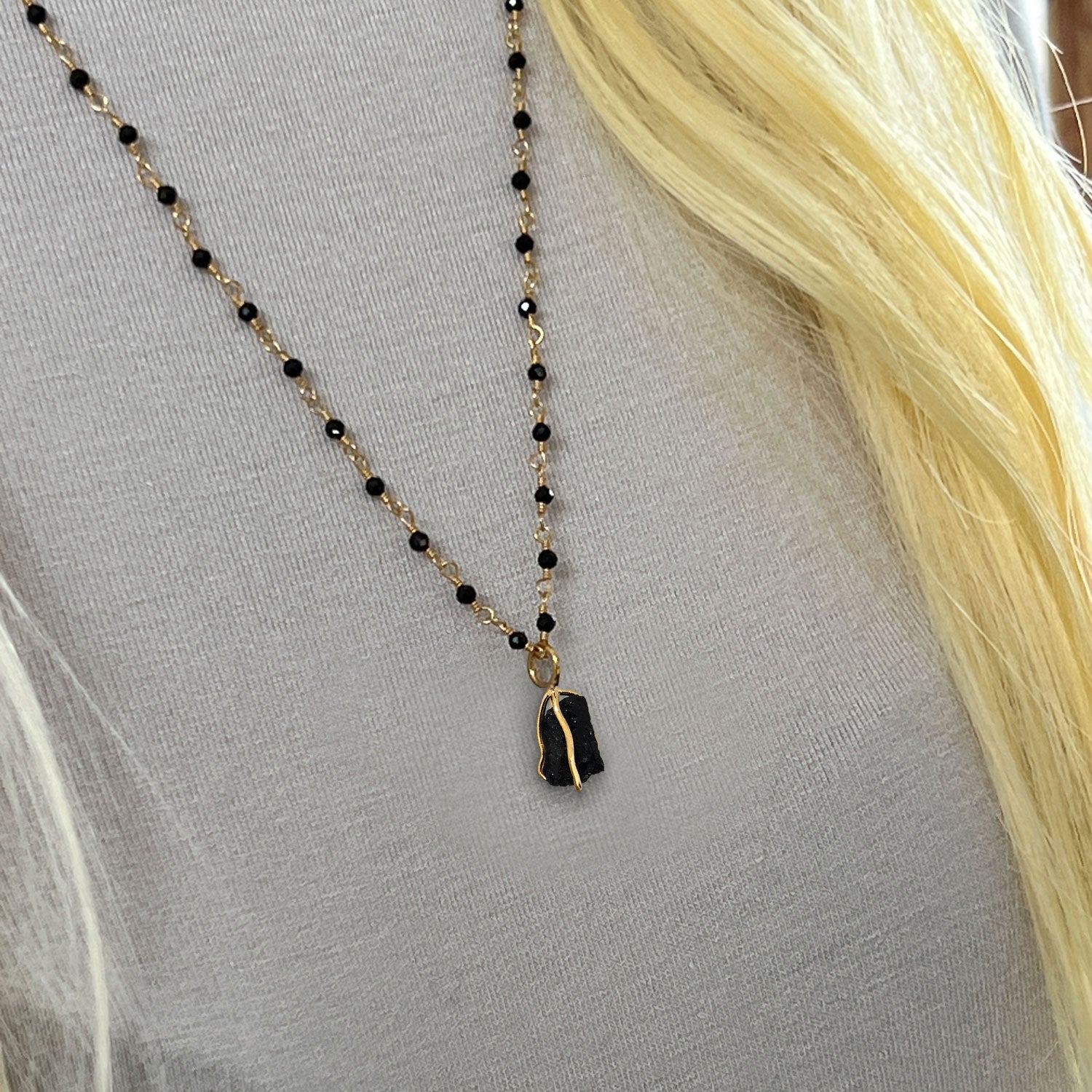 Raw Black Tourmaline in Cage on Long Black Onyx Rosary