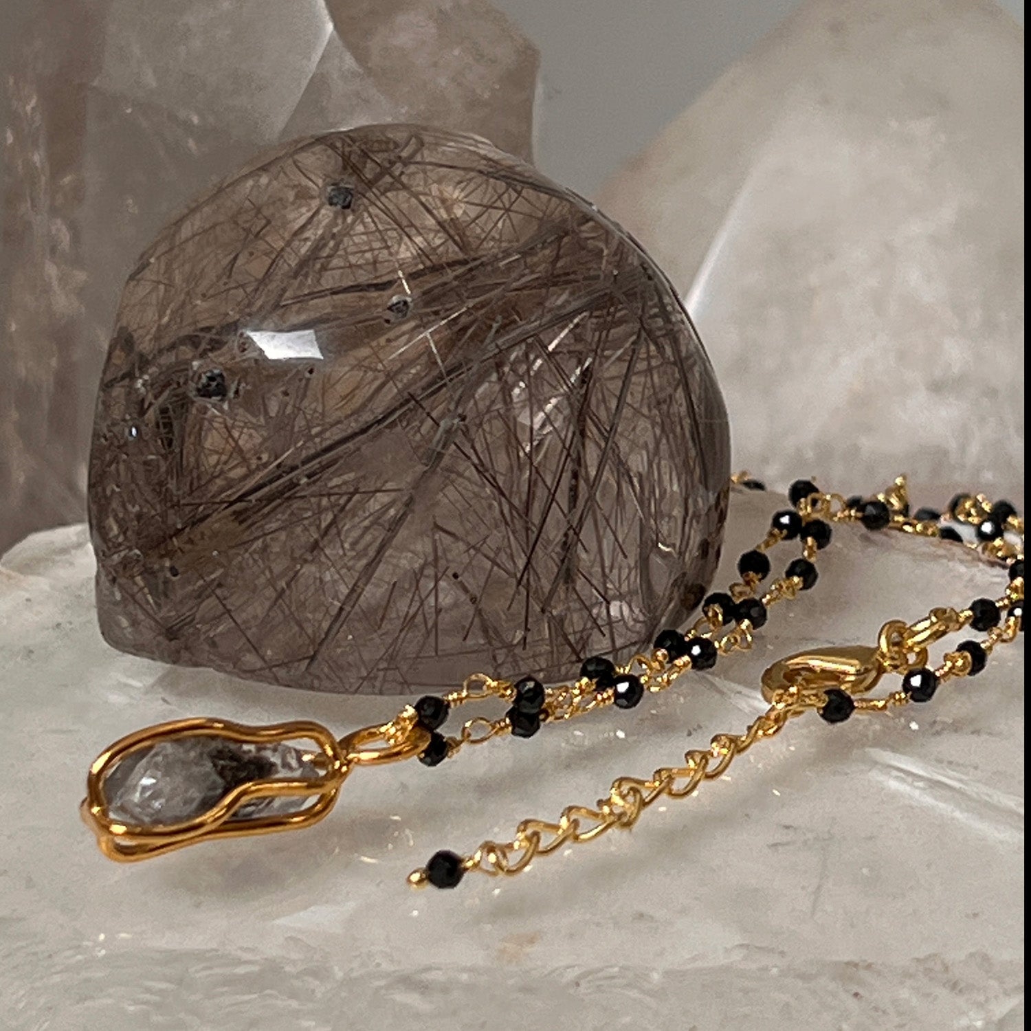 Raw Herkimer Diamond Cage Pendant On Long Black Onyx Rosary
