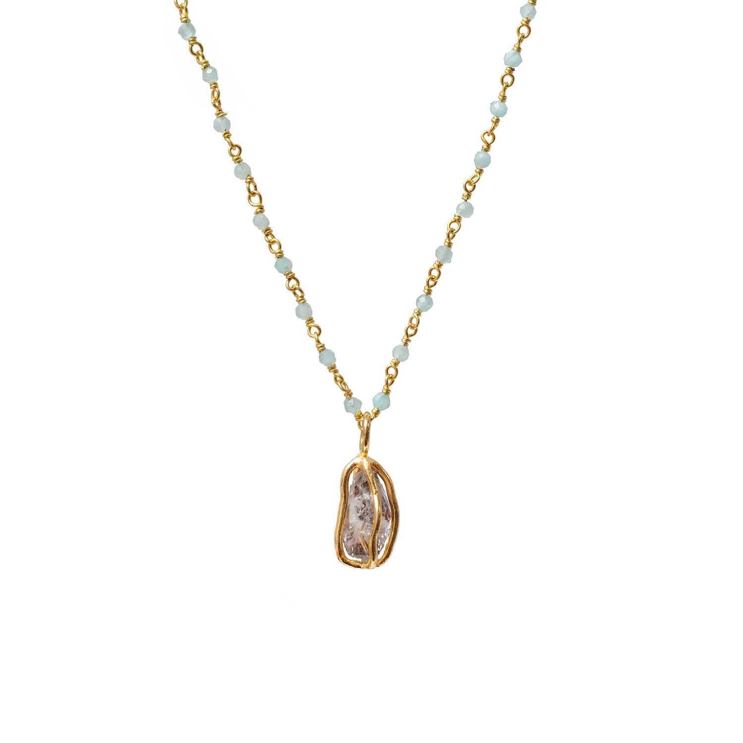 Raw Herkimer Diamond In Cage Pendant On Short Amazonite Rosary