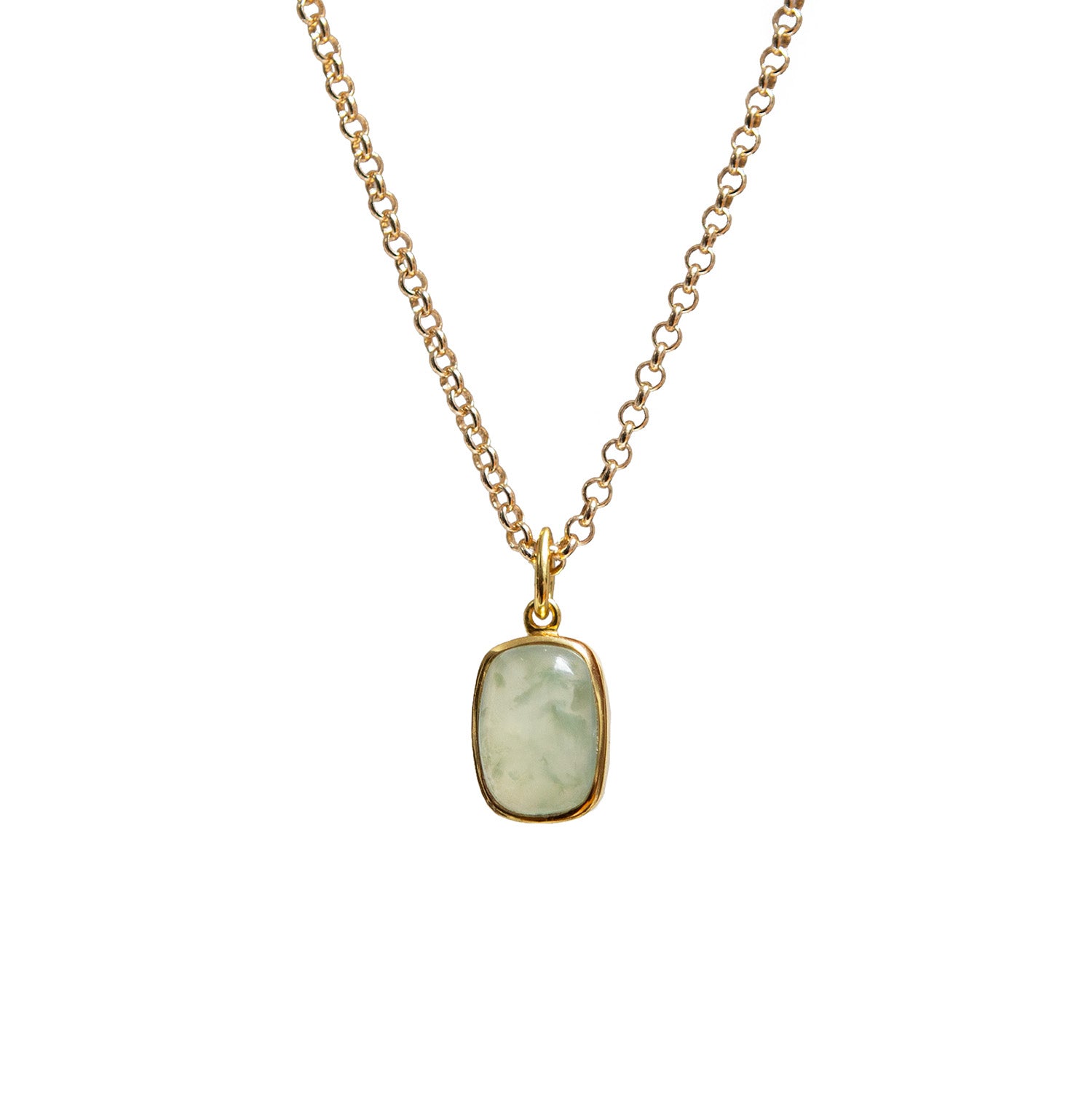 Rectangular Chunky Prehnite Cabochon On Short Baby Belcher Chain