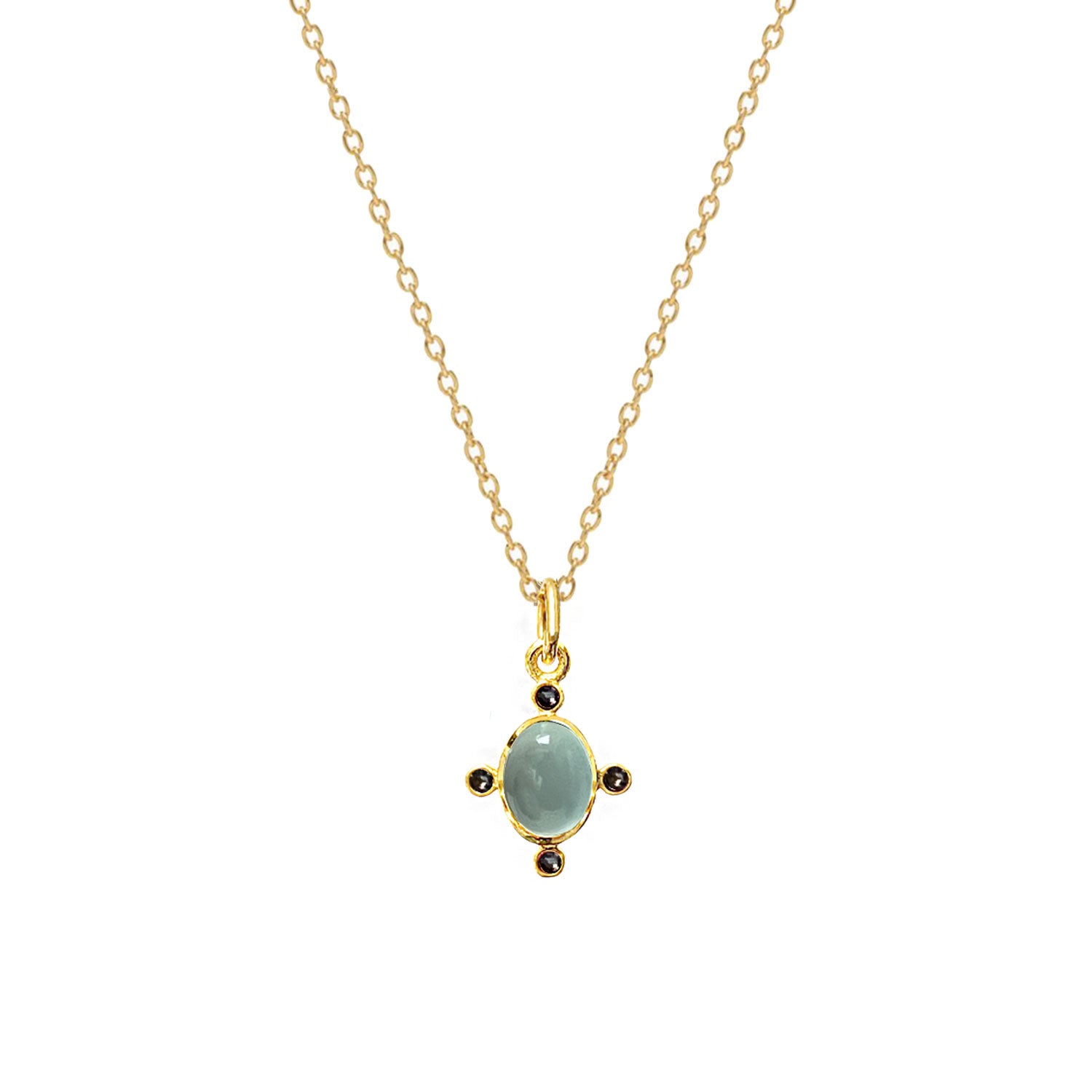 Aqua Chalcedony & Sapphire Zircon Pendant on a gold plated chain against a white background