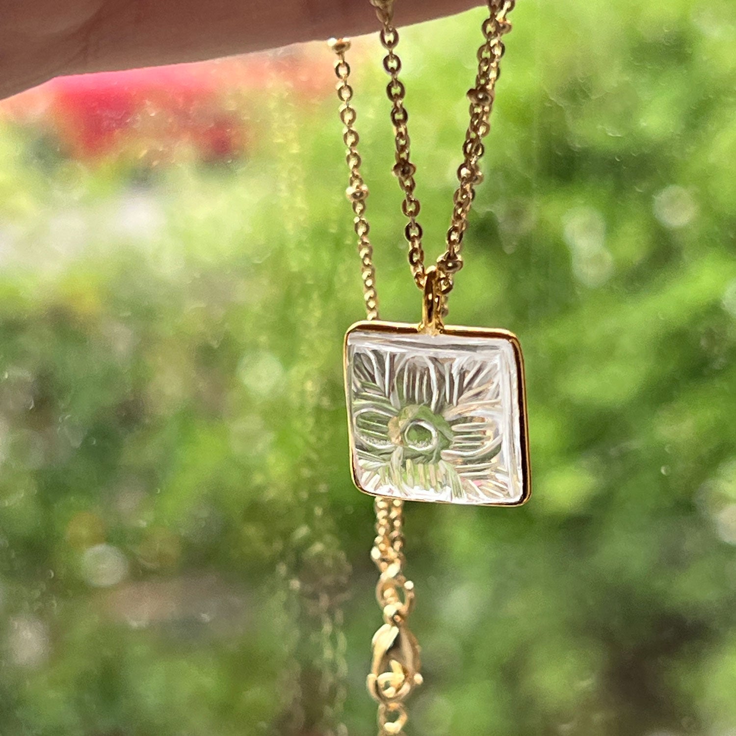 Carved Square Rock Crystal Pendant on Short Satellite Chain