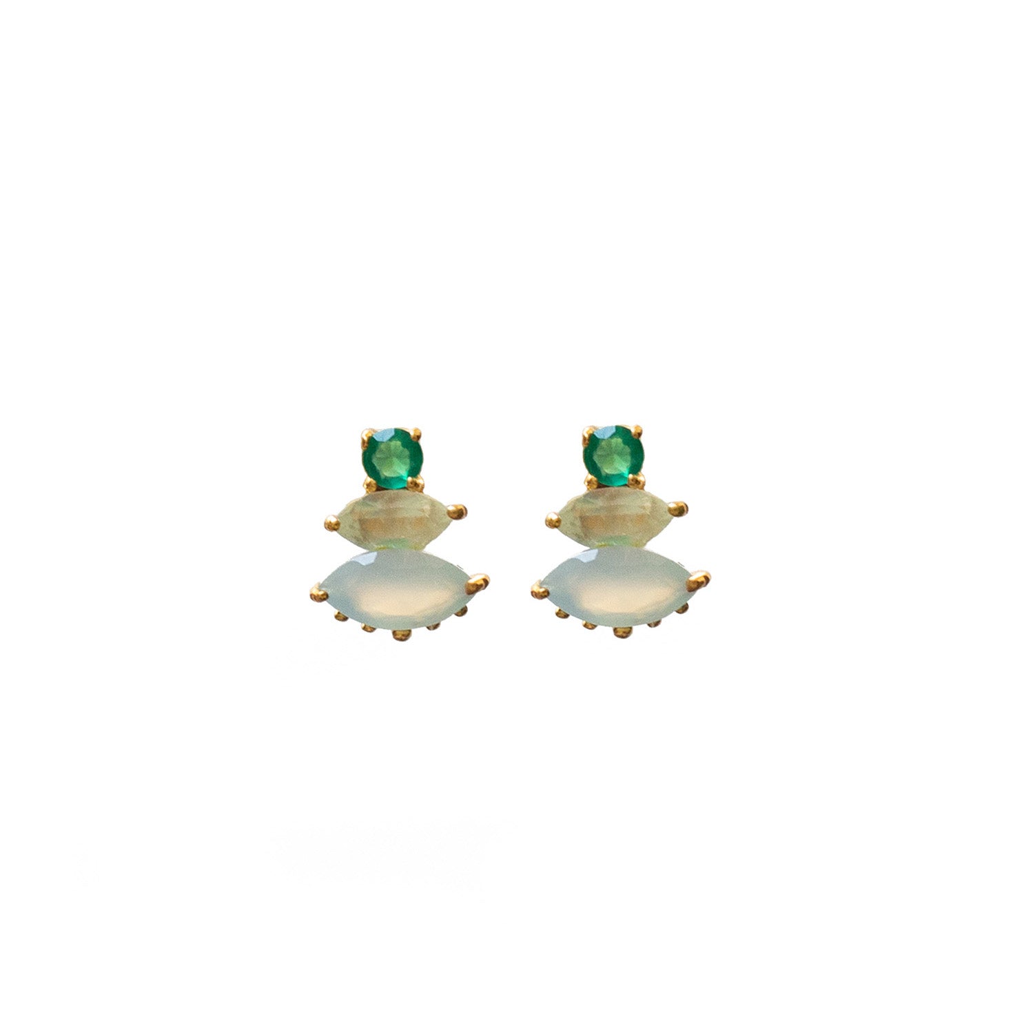 Trinity Aqua Chalcedony, Prehnite & Green Onyx on Vermeil Studs