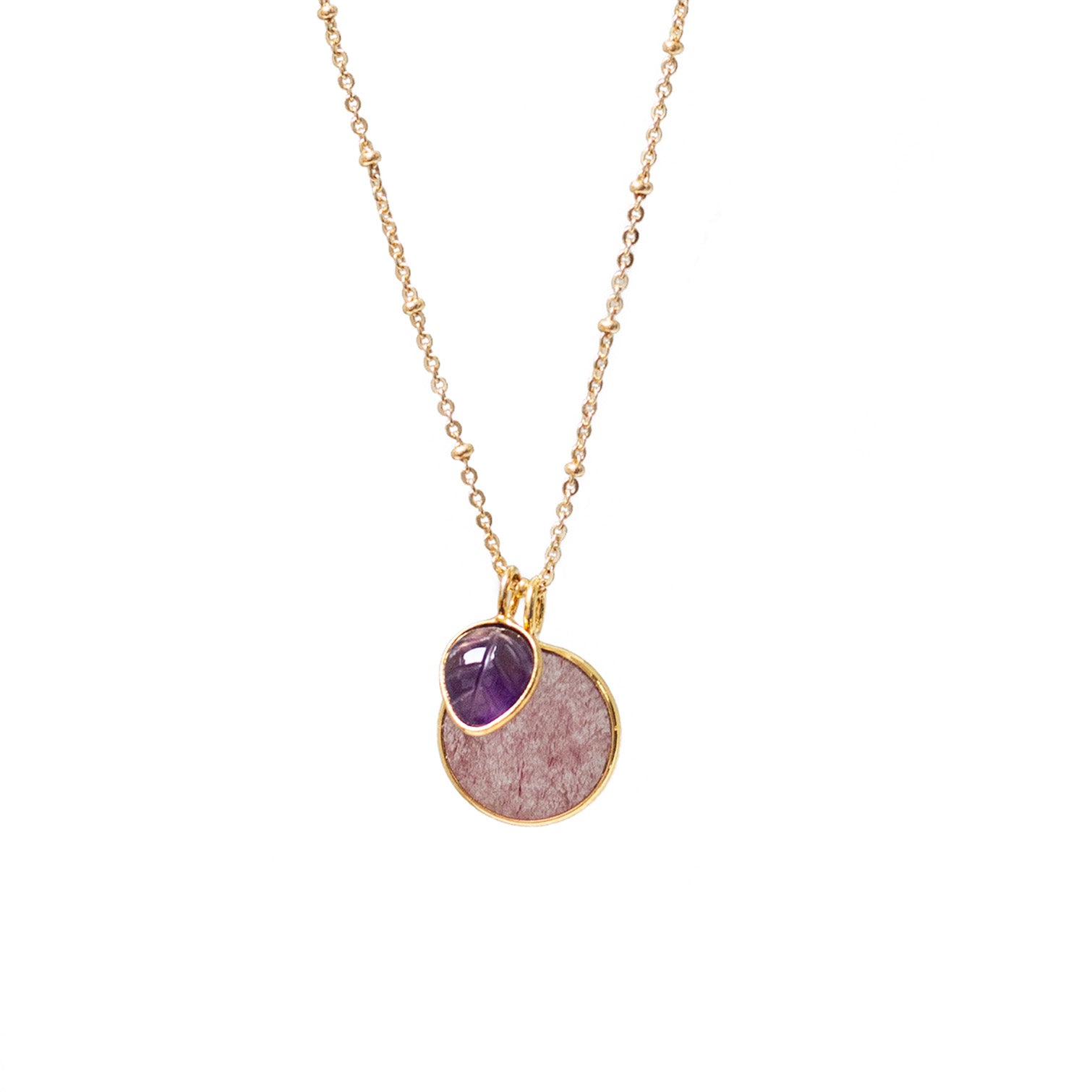 Duo Harmony Strawberry Quartz & Amethyst Pendant On Long Satellite Chain