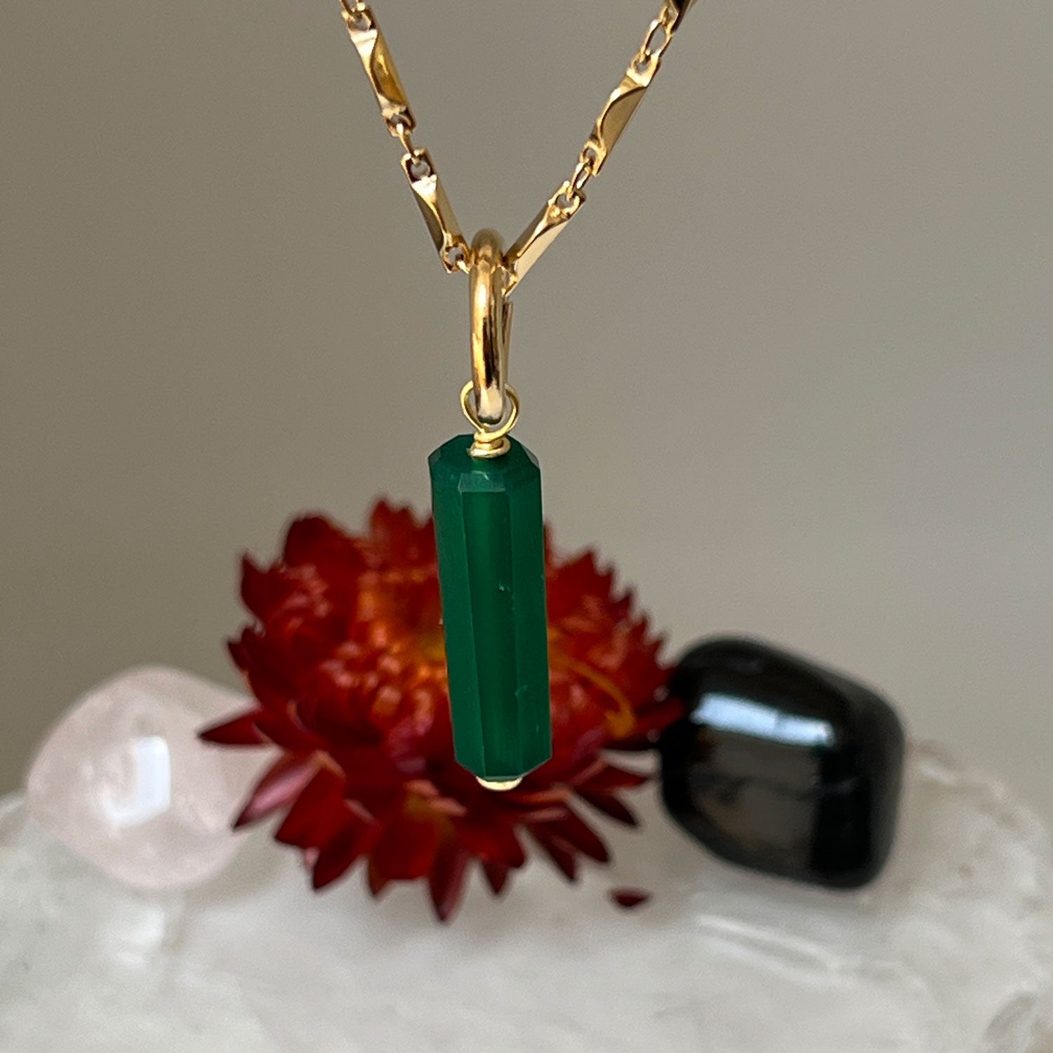 Green Onyx Baguette on Rose Chain