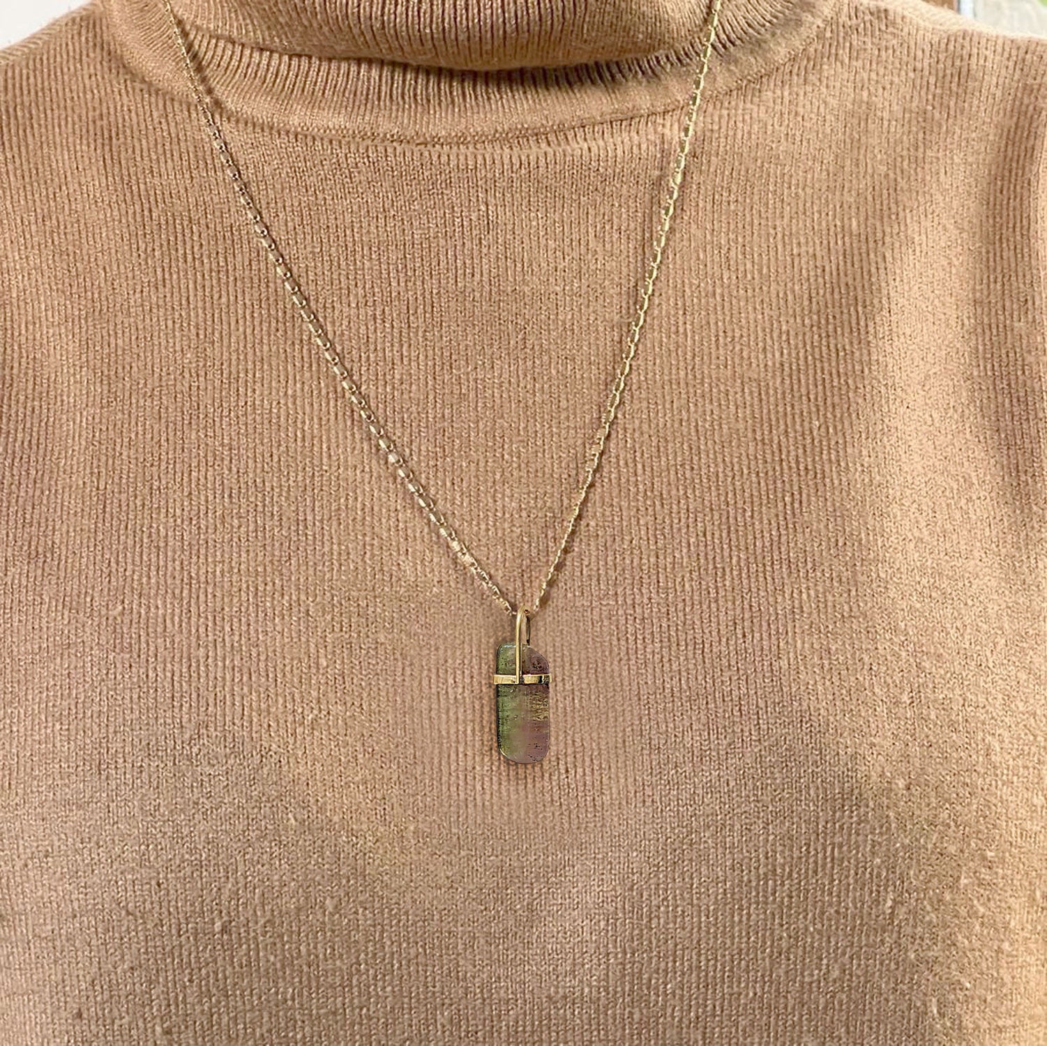 Unique Watermelon Tourmaline Pebble On Long Val Chain