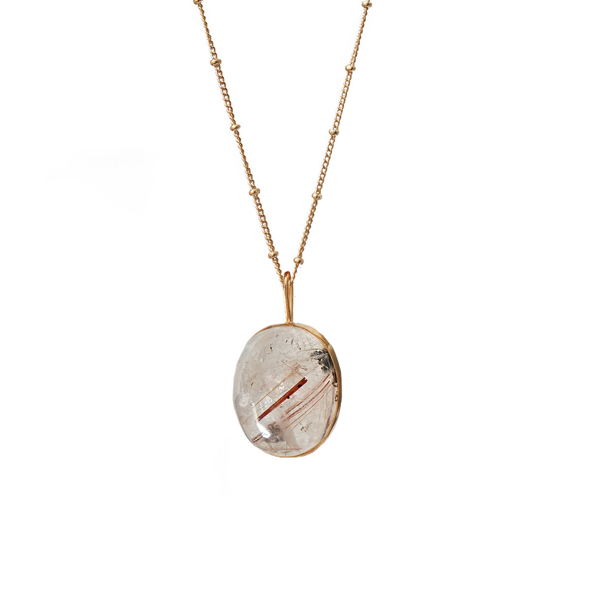 Unique Raised Cabochon Rutilated Quartz Pendant With Brown Needles On Long Biba Chain