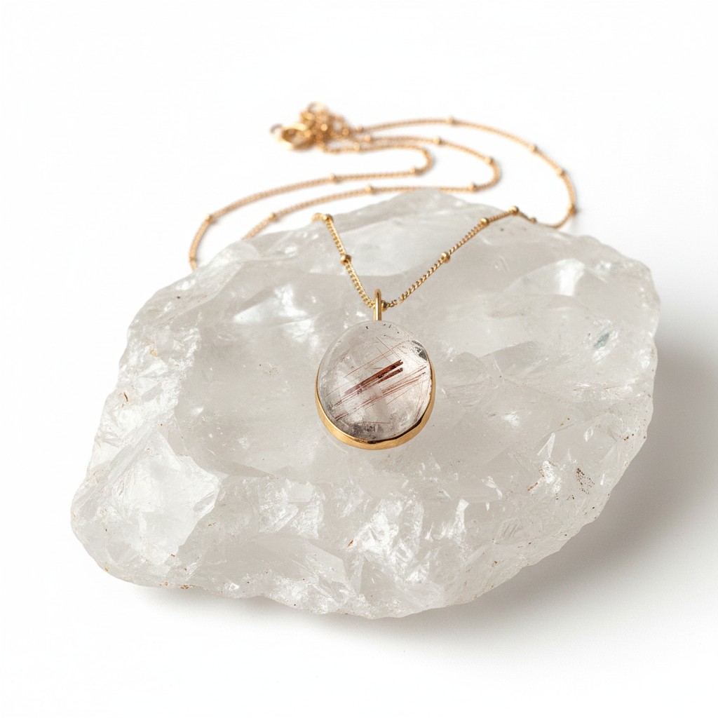 Unique Raised Cabochon Rutilated Quartz Pendant With Brown Needles On Long Biba Chain