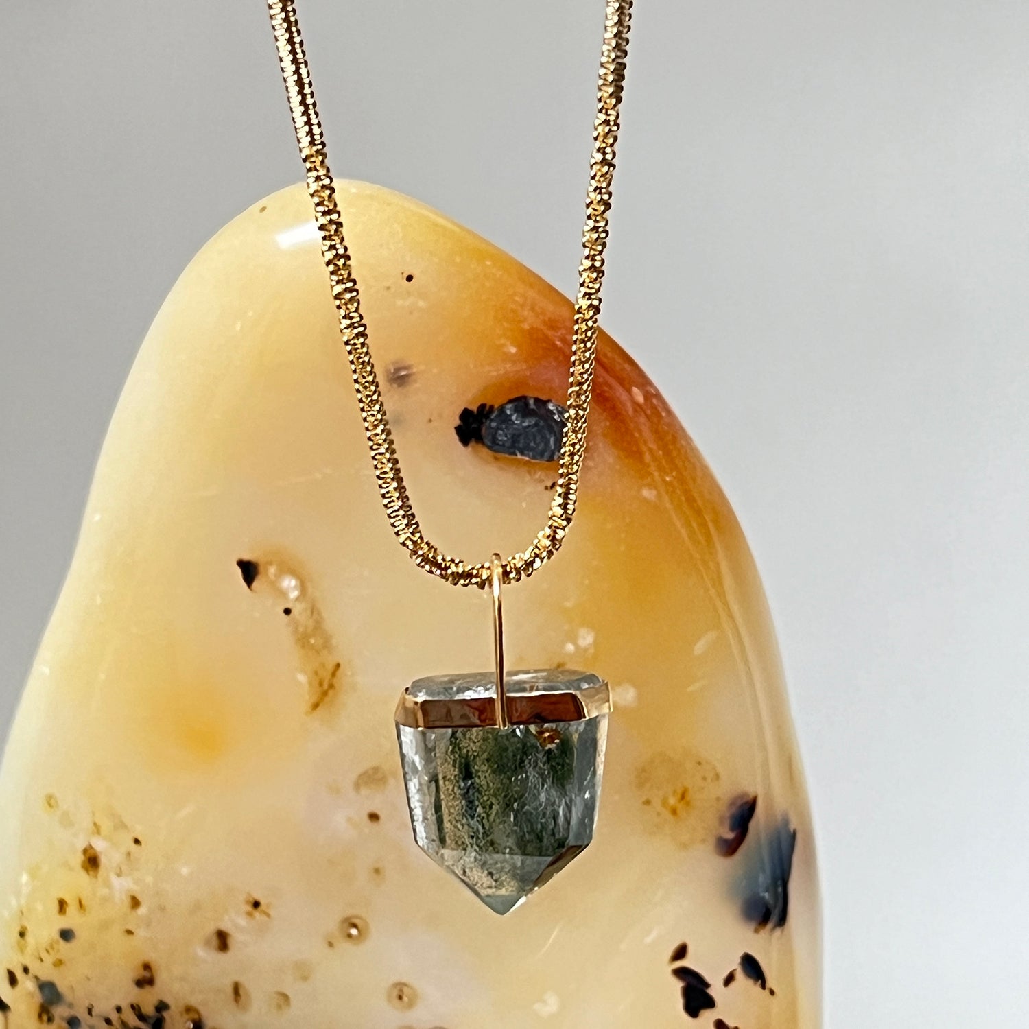 Unique Chlorite Point Pendant On Long Chaton Chain