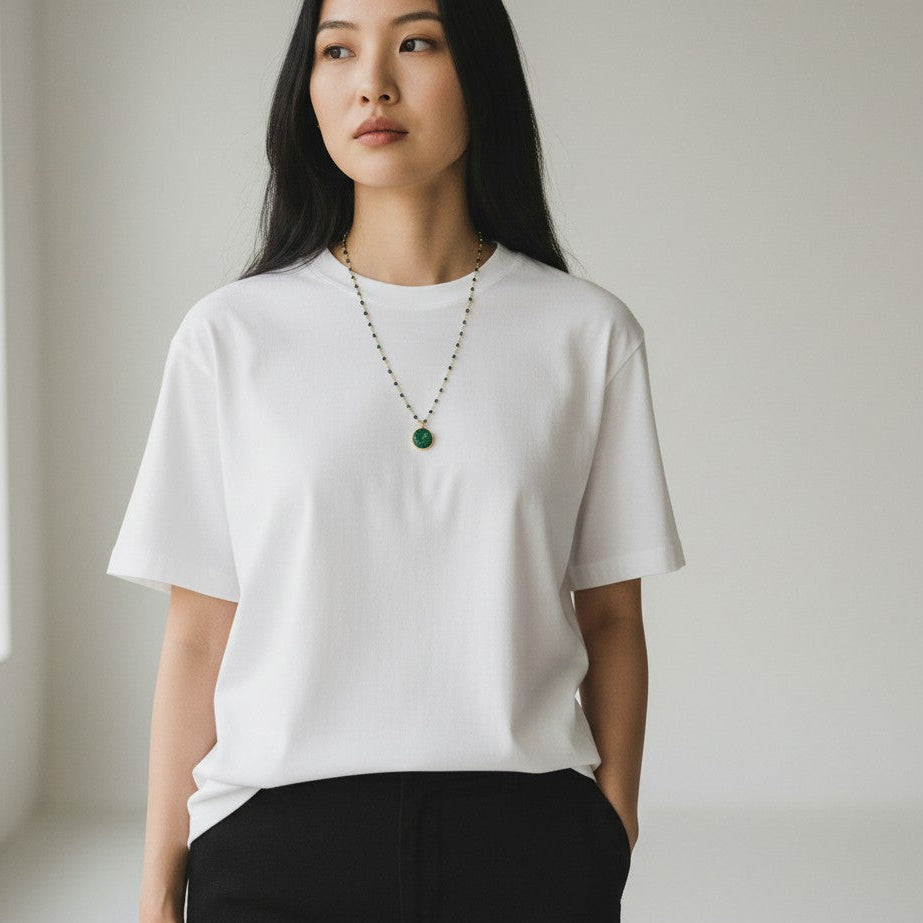 Jade Coin Pendant on Emerald and Sapphire Rosary chain