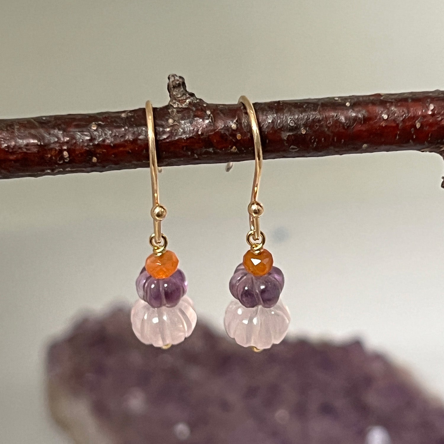 Vitality Trio Earrings With Rose Quartz, Amethyst & Fire Opal