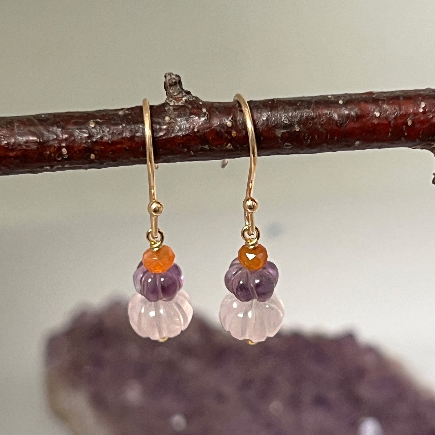 Vitality Trio Earrings — Rose Quartz, Amethyst & Fire Opal