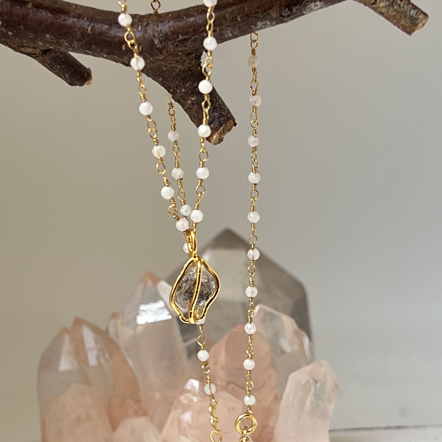 Moonstone Rosary with raw Herkimer Diamond in cage