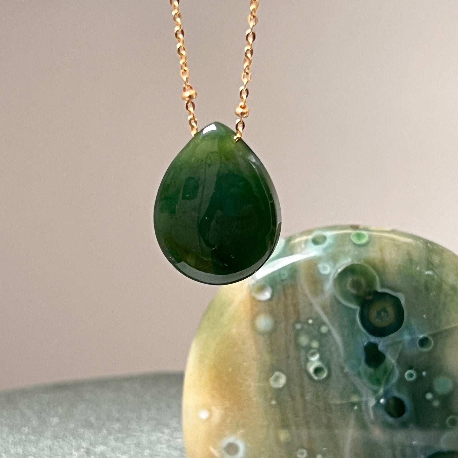 Alaskan Jade Teardrop On Long Satellite Chain
