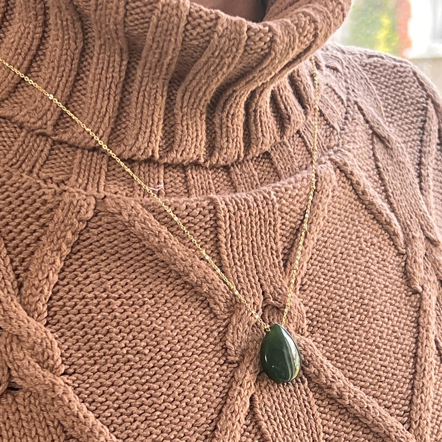 Alaskan Jade Teardrop On Long Satellite Chain
